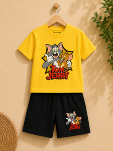 KIDS YELLOW TOM AND JERRY PRINTED T-SHIRT AND SHORT SET