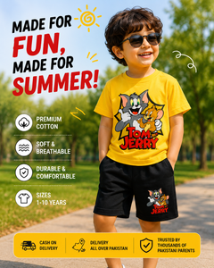 KIDS YELLOW TOM AND JERRY PRINTED T-SHIRT AND SHORT SET