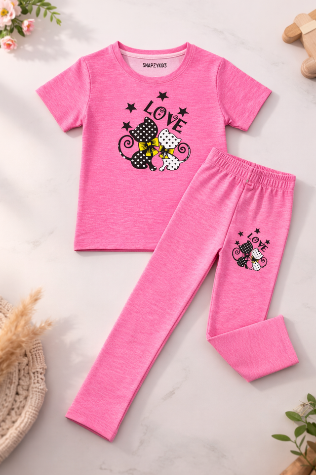 LOVE KITTY  Printed DENIM  T-shirt And Trouser Set
