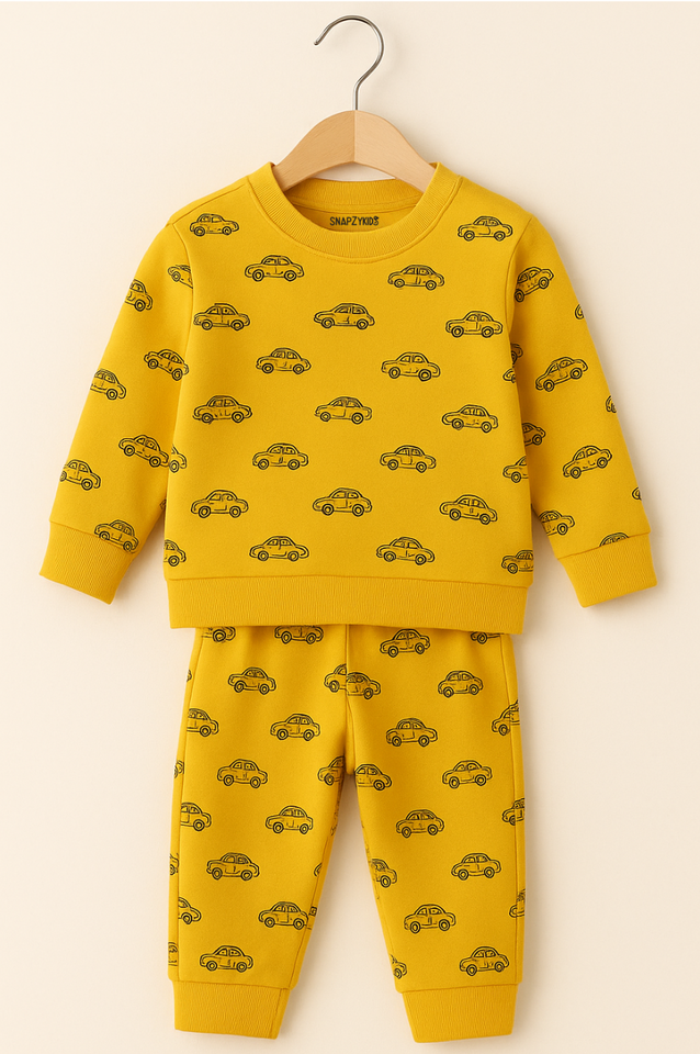 ZOMMIN ' Cars printed  Yellow Sweatshirt & jogger pants Set