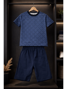 KIDS NAVY  ALL OVER PRINTED T-SHIRT AND SHORT SET