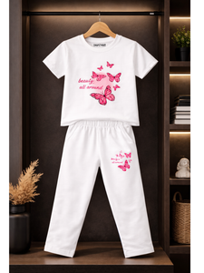 TRENDY BUTTERFLY  PRINTED GIRLS T-SHIRT AND TROUSER SET